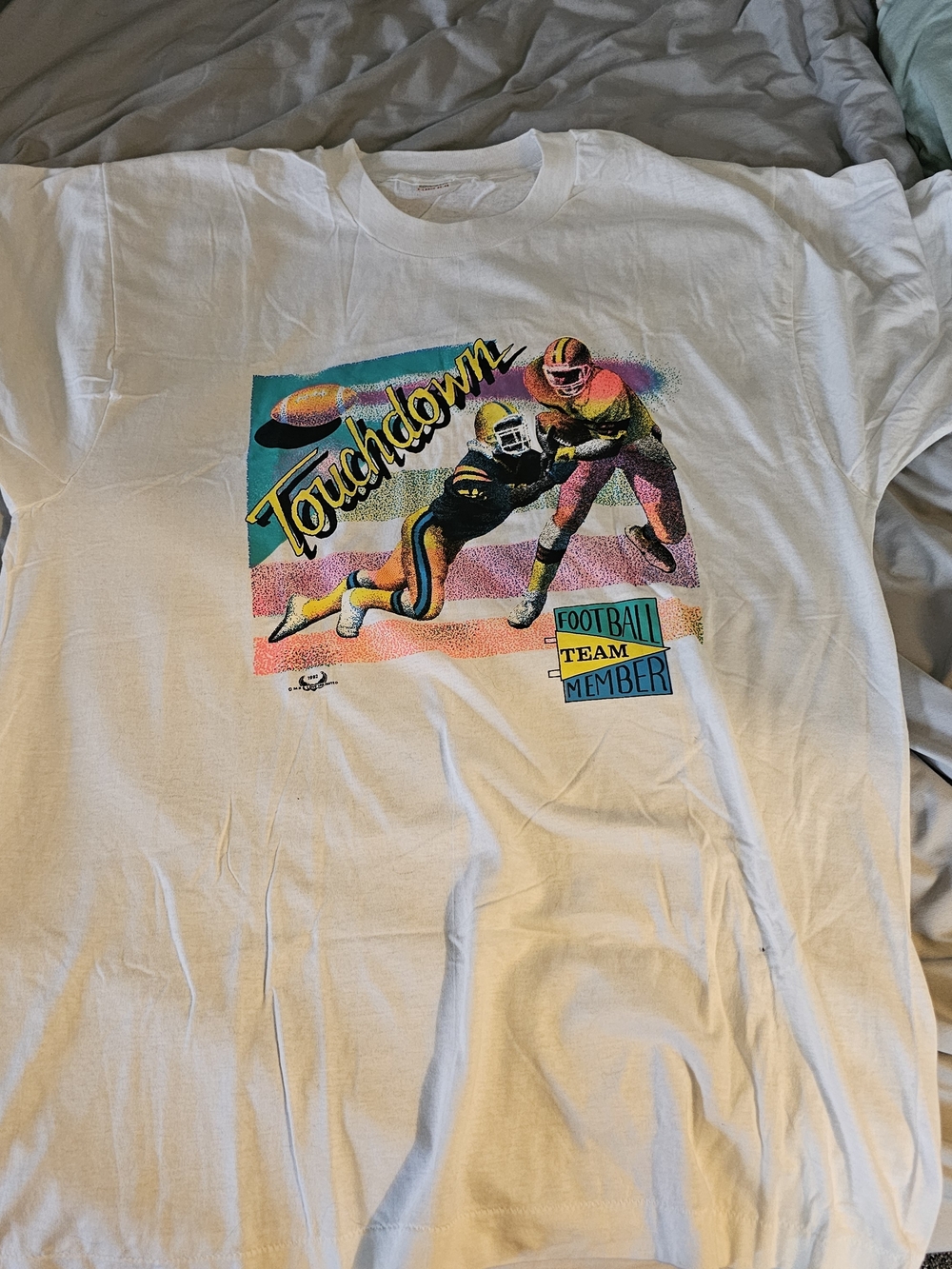 Vintage 'Touchdown' Football Tee - White with Neon Graphic